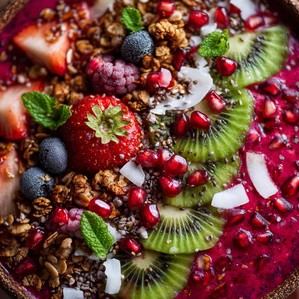A bowl of exotic smoothie with fruits and nuts.
