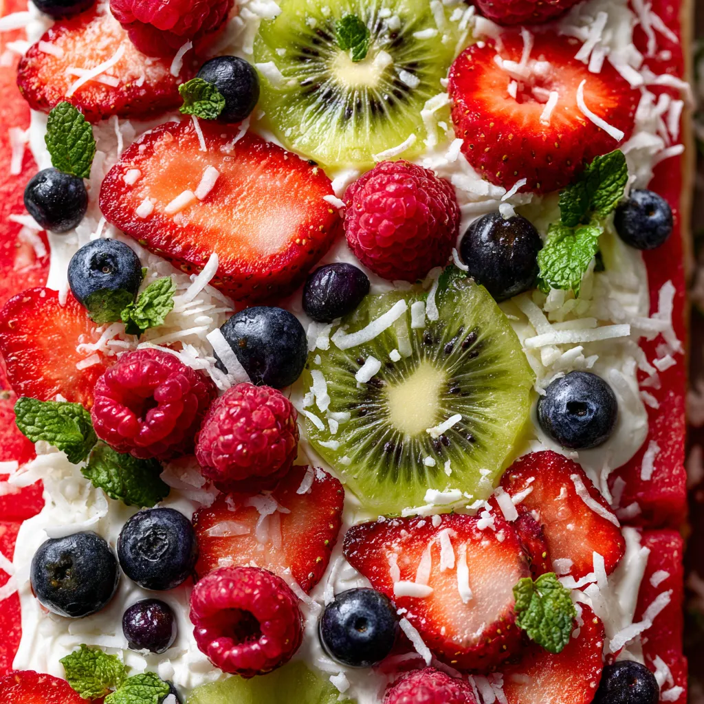 A slice of watermelon pizza with various fruits and vegetables on top.