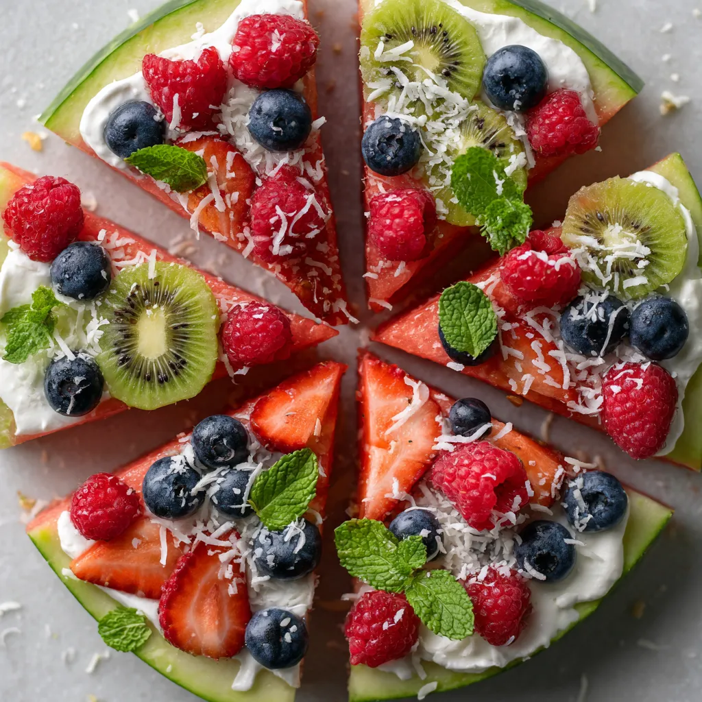 A slice of pizza with kiwi, strawberries, blueberries, and raspberries.