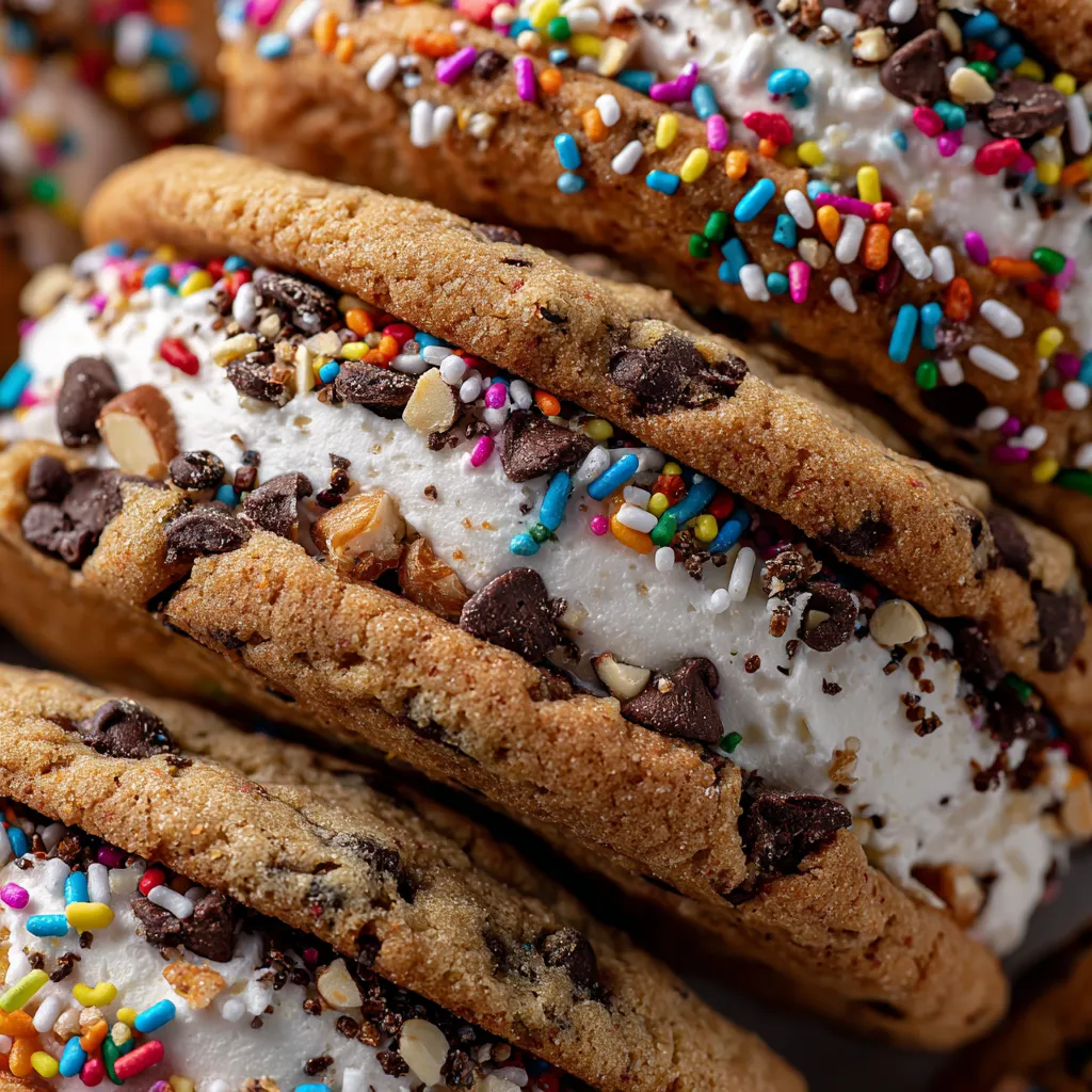 Ice cream sandwiches with chocolate chip cookies.