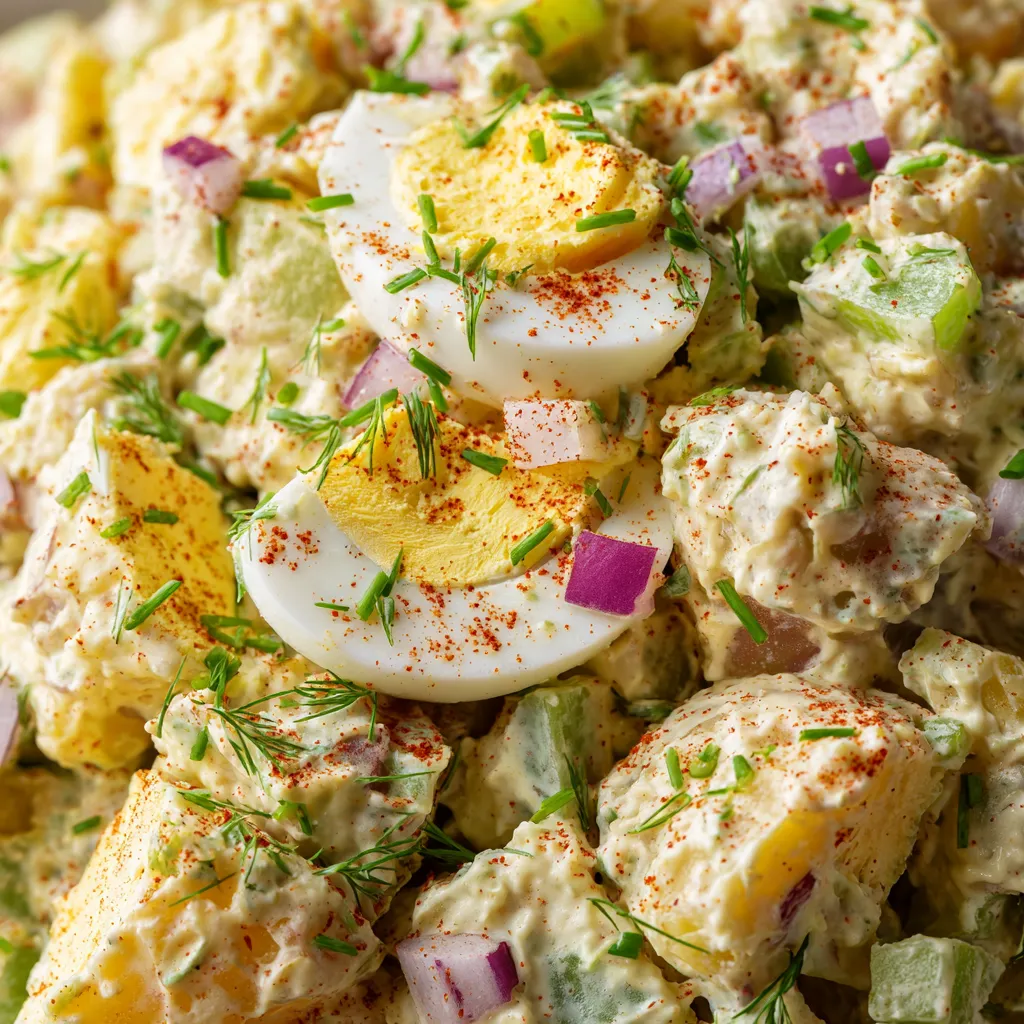 A close up of a potato salad with eggs, onions, and herbs.