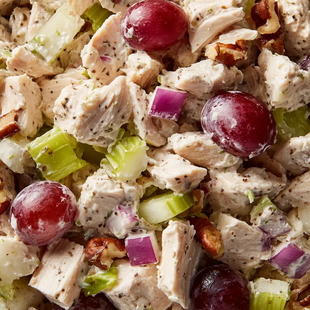 A close up of a chicken salad with grapes.