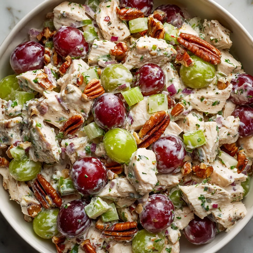 A bowl of chicken salad with grapes and pecans.