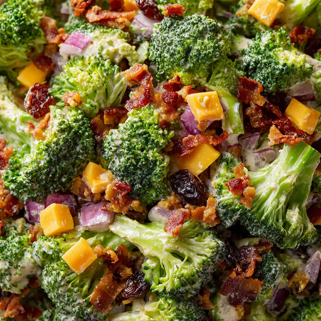 A close up of a salad with broccoli and bacon.
