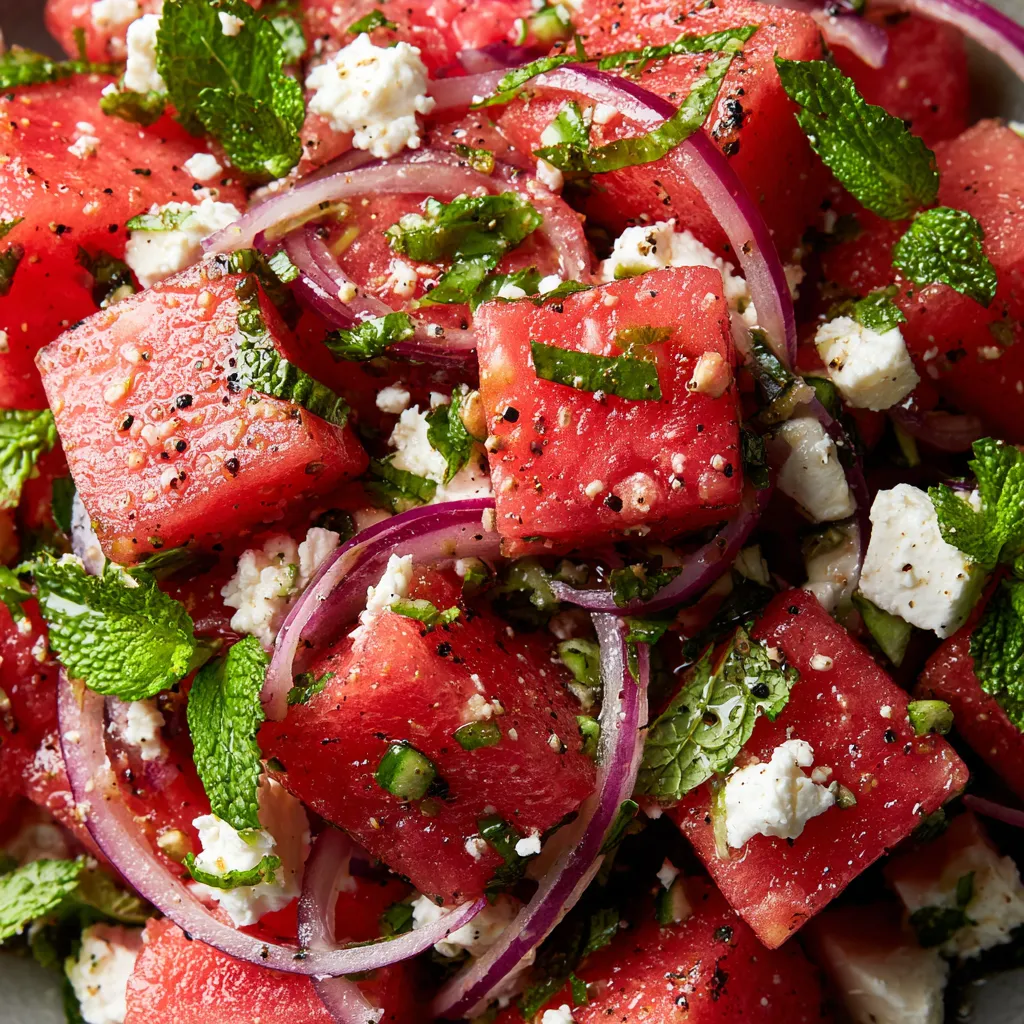 A salad of watermelon, feta cheese, and mint.
