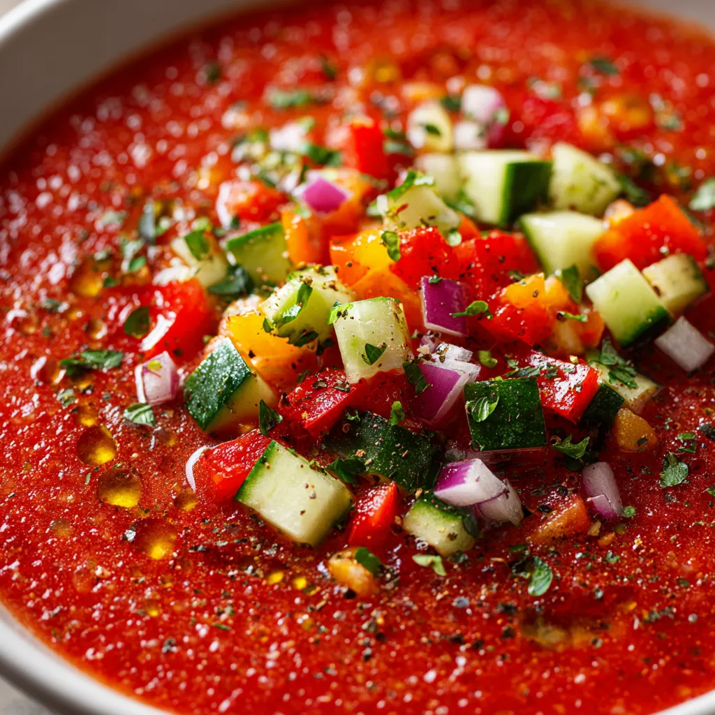 A bowl of gazpacho with cucumbers, tomatoes, and onions.