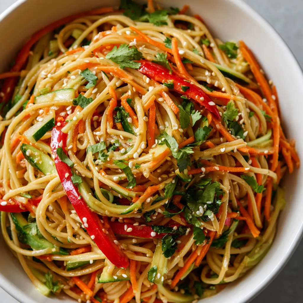 A bowl of cold sesame noodle salad.