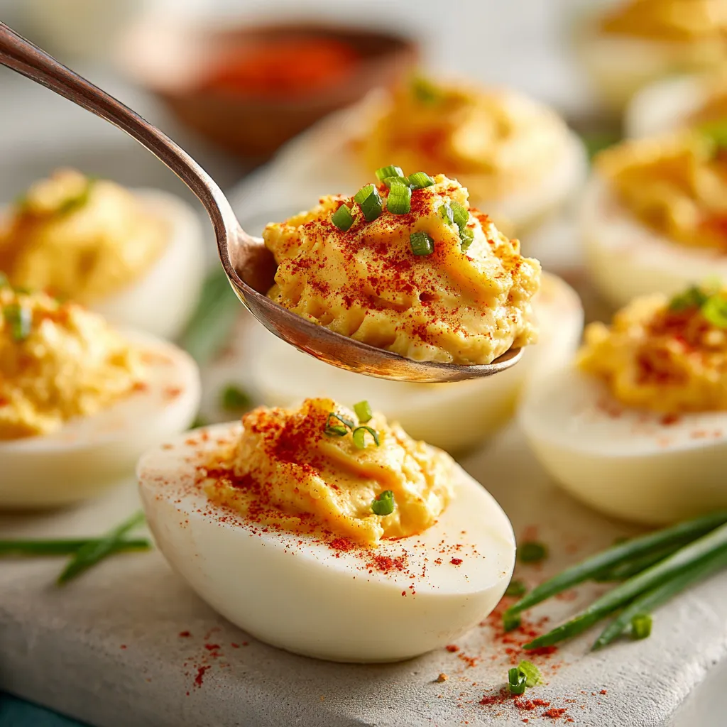 A spoon is being used to scoop up some deviled eggs.