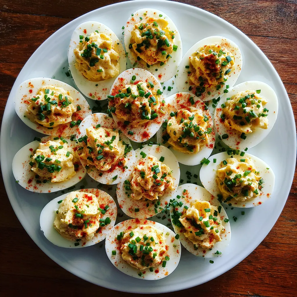 A plate of deviled eggs with red peppers.