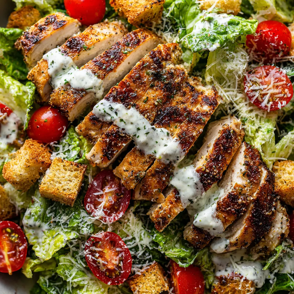 A grilled chicken Caesar salad with tomatoes, lettuce, and cheese.
