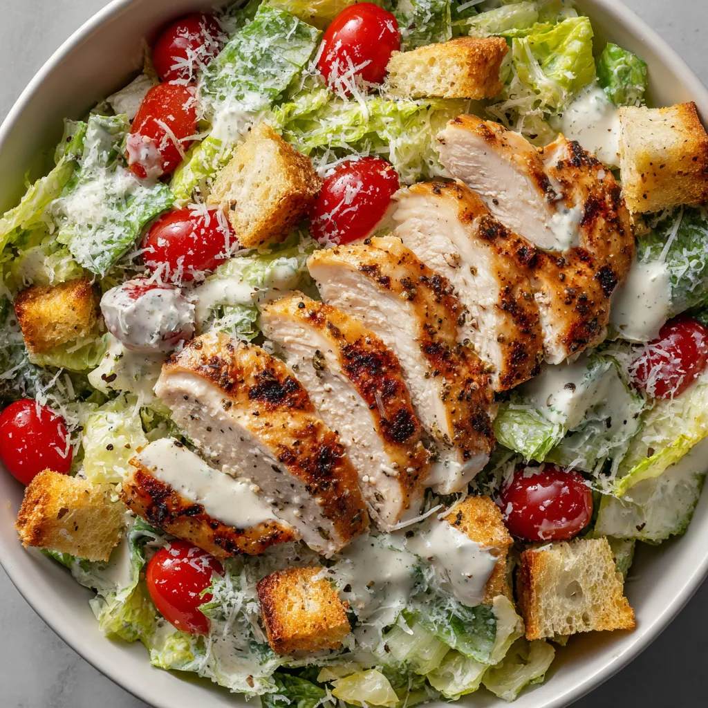 A bowl of salad with chicken and bread.