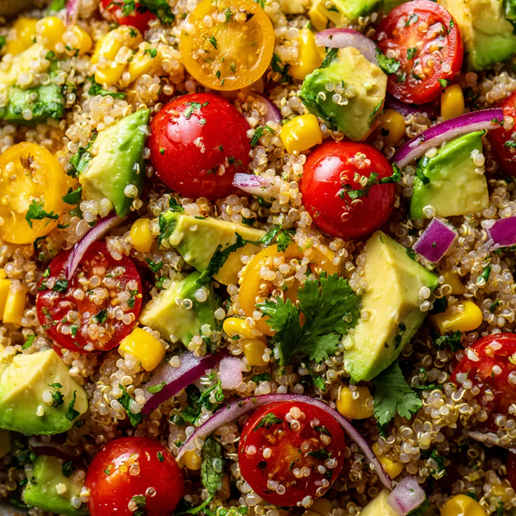A colorful salad with tomatoes, corn, and avocado.