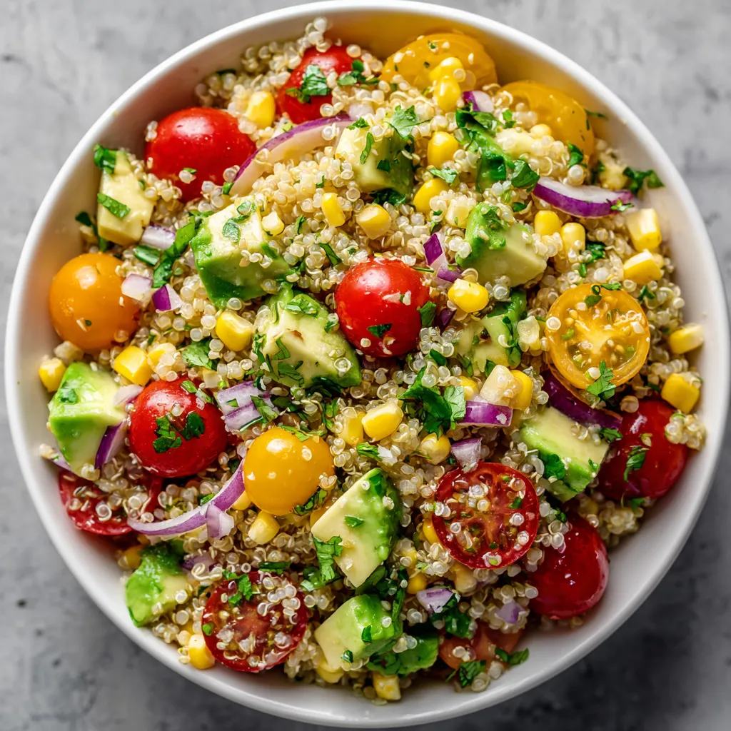 A bowl of food with tomatoes, corn, and avocado.