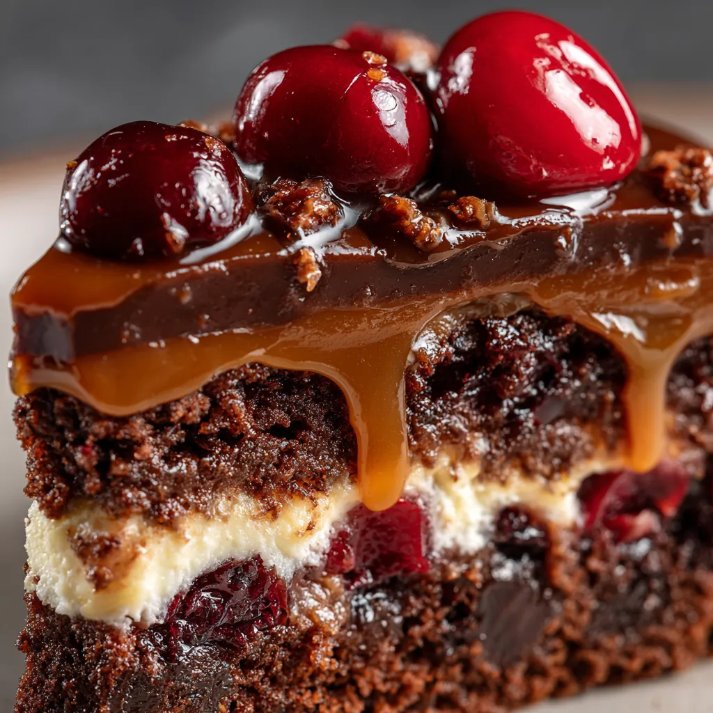 A slice of Black Forest Chocoflan cake.