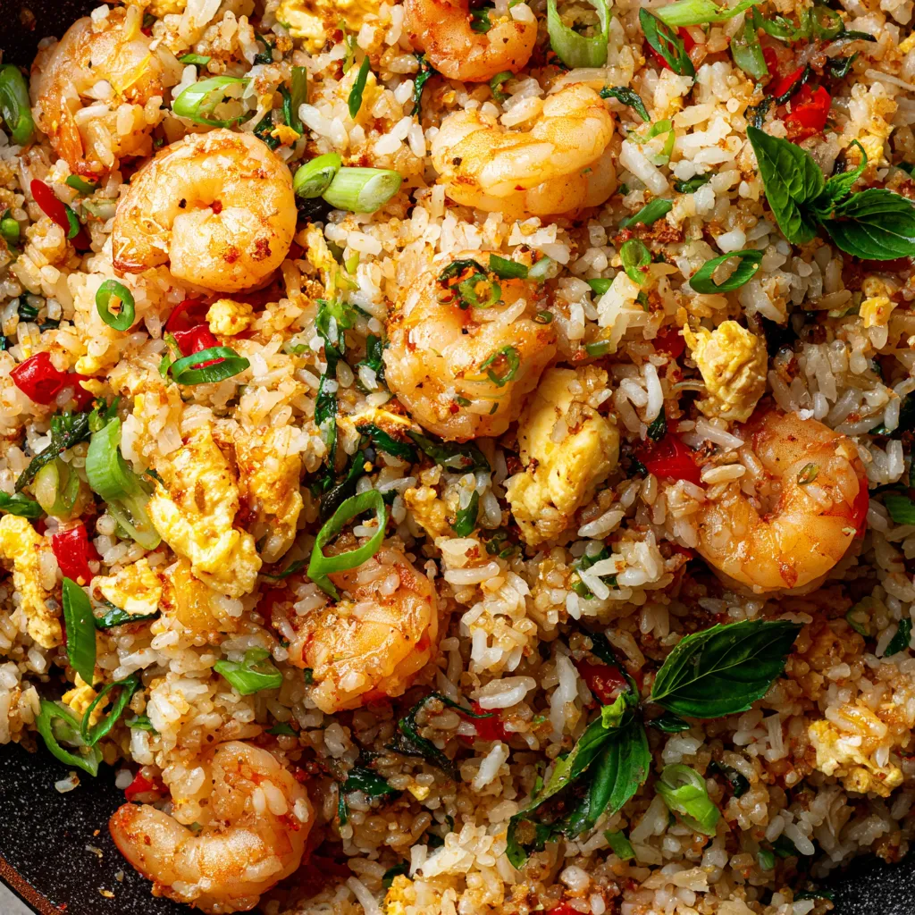 A dish of shrimp and rice with vegetables.