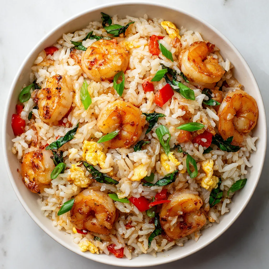 A bowl of rice with shrimp and vegetables.