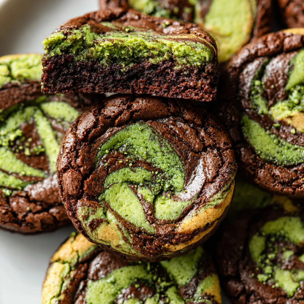 A plate of brownies with green swirls.