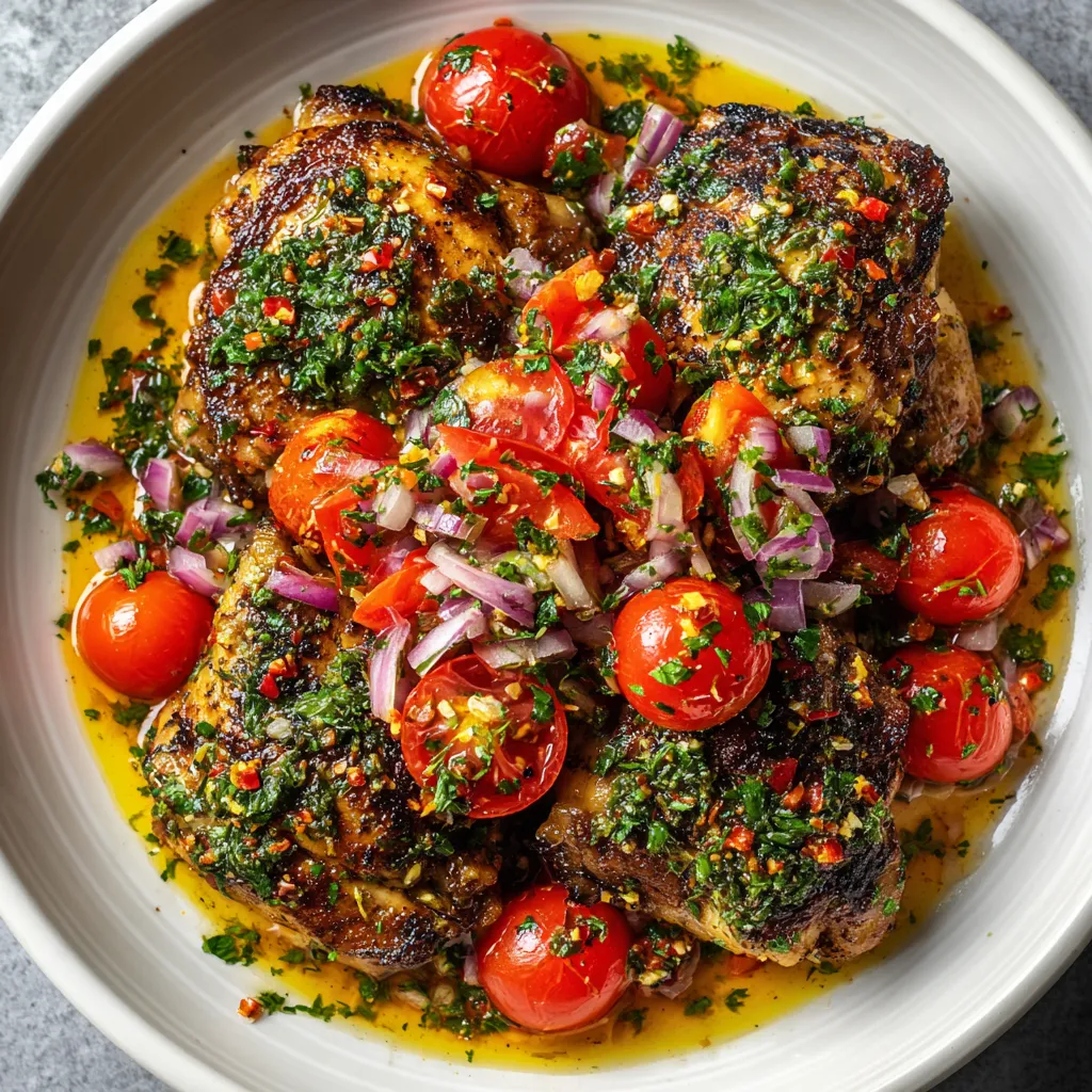 A plate of chicken with tomatoes and onions.
