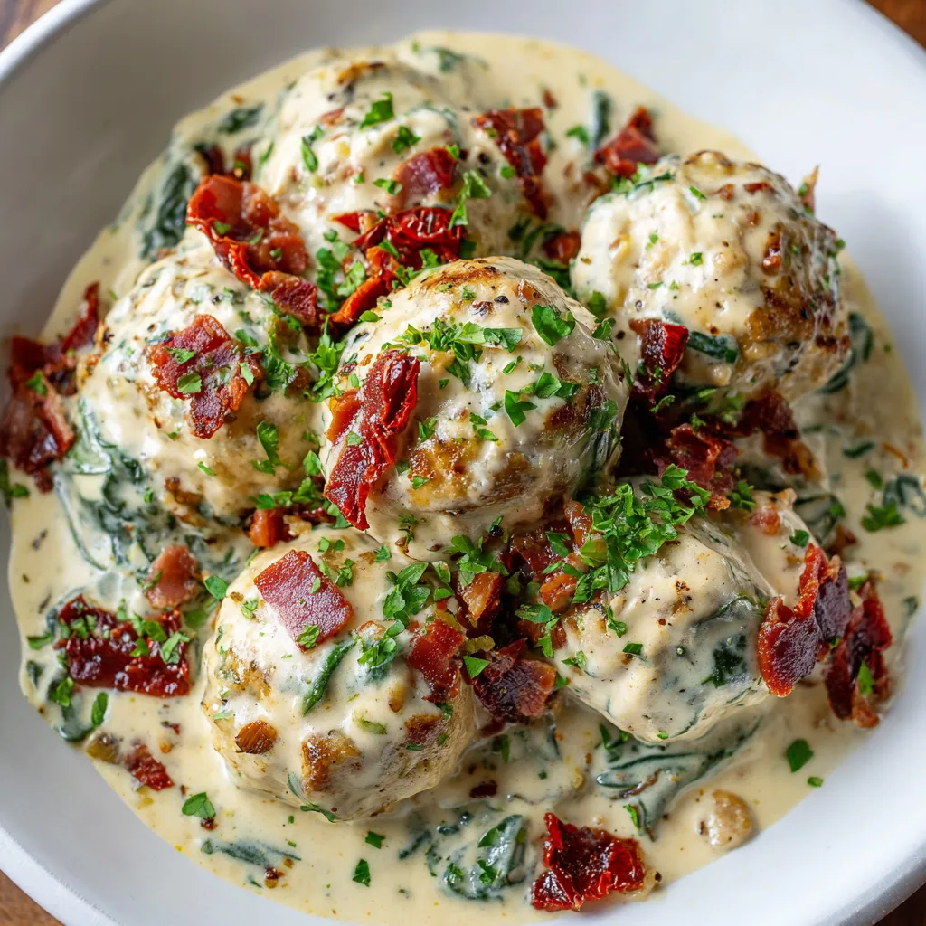 A white bowl filled with meatballs and greens.