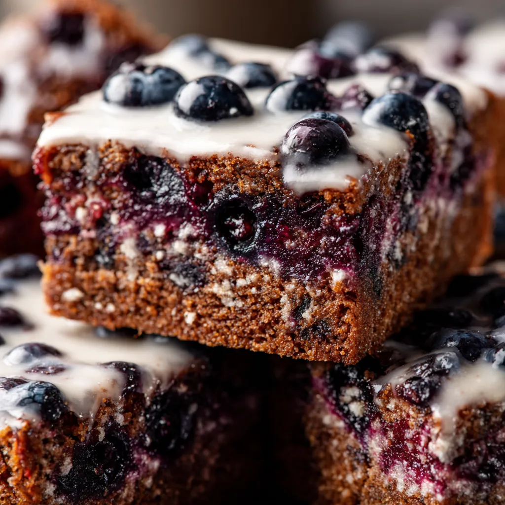 A close up of a glazed blueberry brownie.