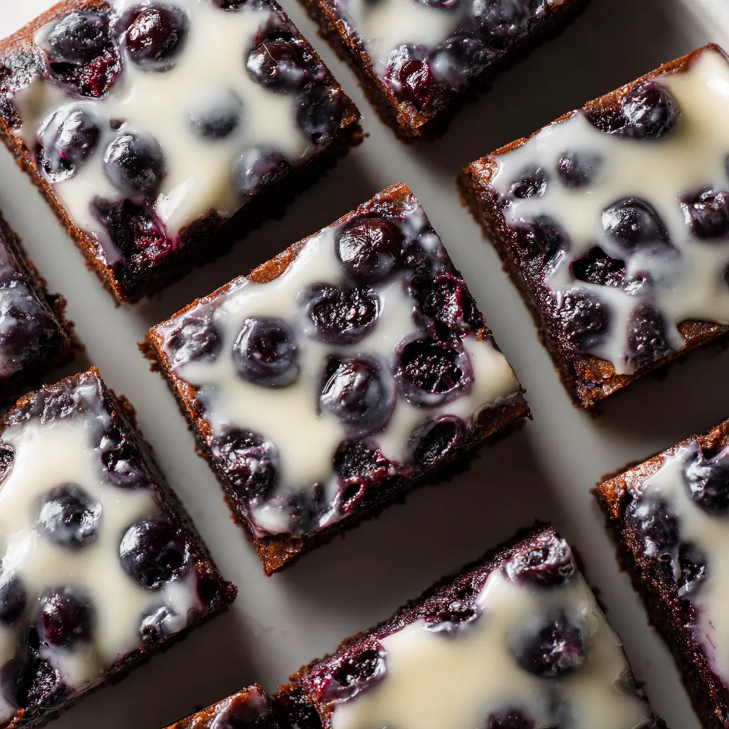 A plate of brownies with blueberries on top.