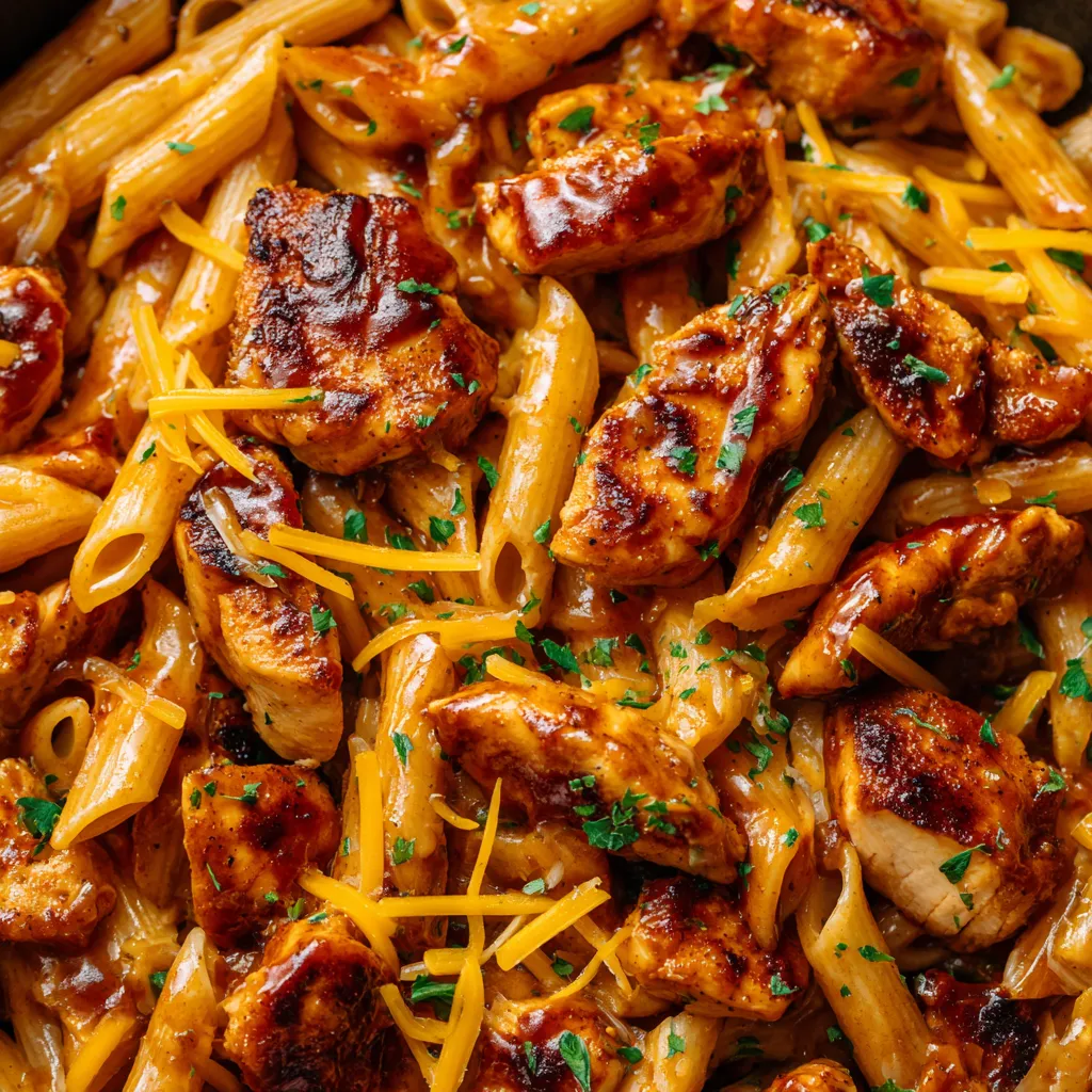 A delicious one-pan tangy honey BBQ chicken penne.