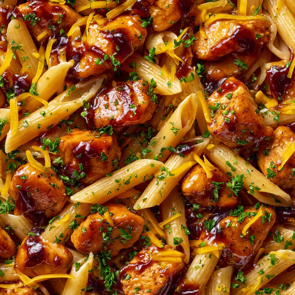 A plate of chicken and pasta with sauce.