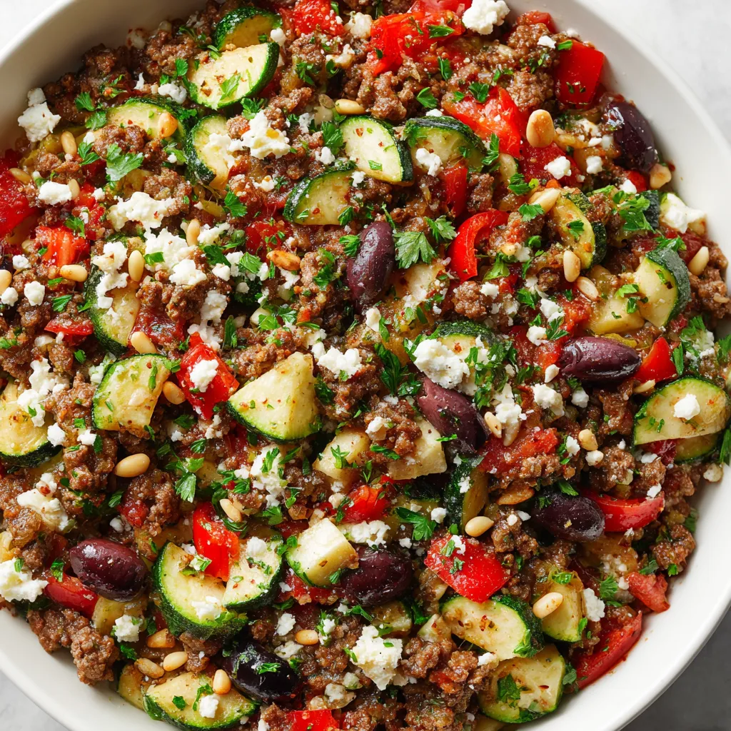 A bowl of food with meat, vegetables, and cheese.