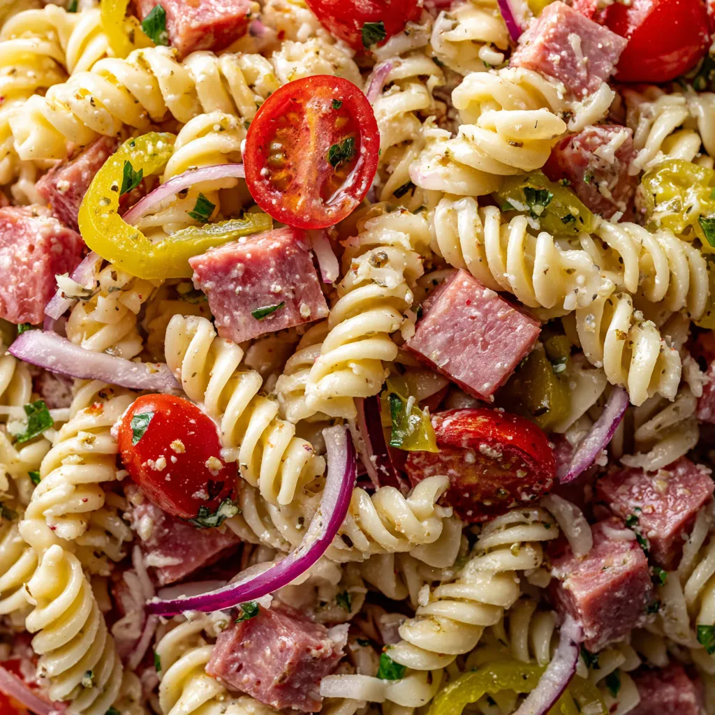 A pasta salad with ham and tomatoes.