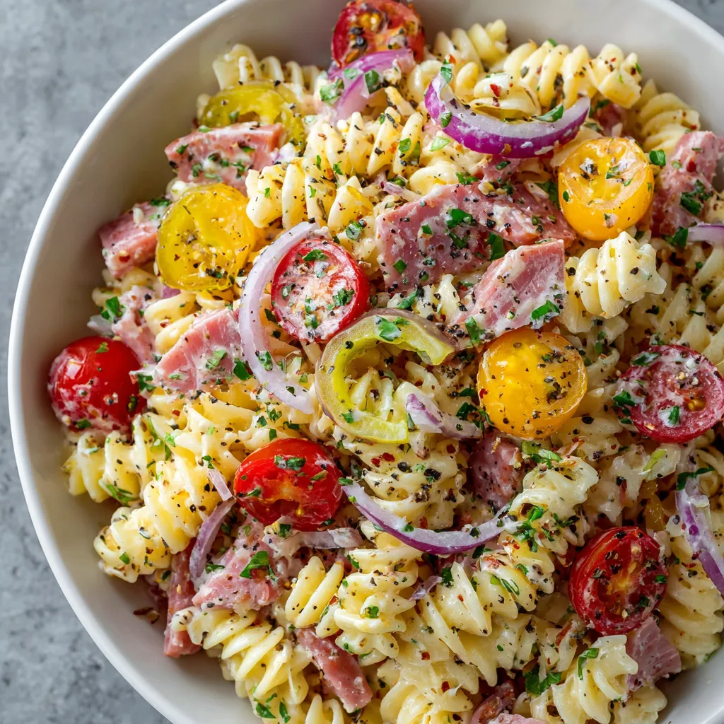 A bowl of pasta with tomatoes, onions, and peppers.