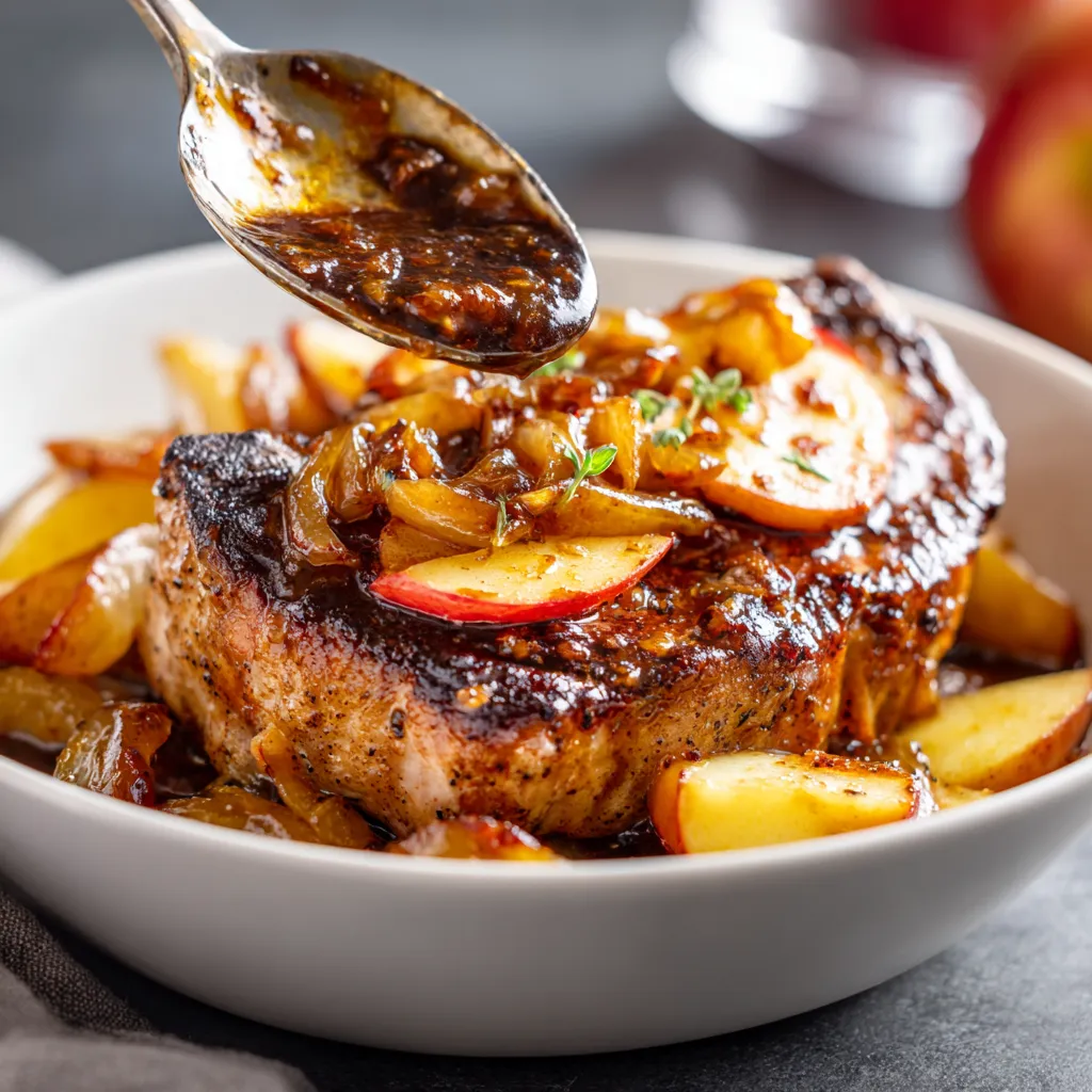 A bowl of meat with onions and apples.