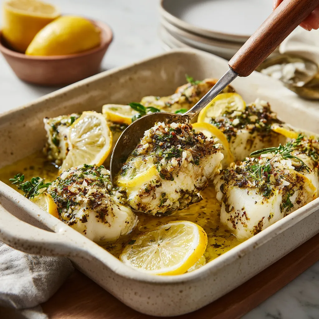 A dish of fish with lemon and parsley.