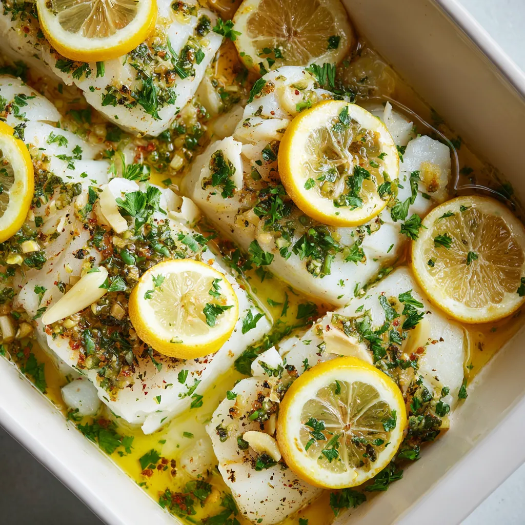 A dish of fish with lemon slices on top.