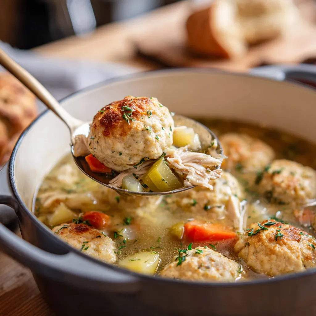 A bowl of chicken and dumplings.