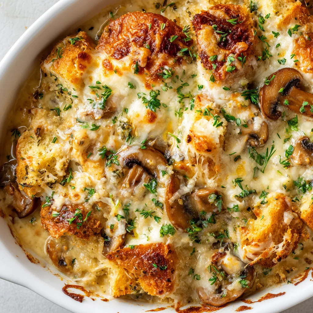 A white bowl filled with mushrooms and bread.