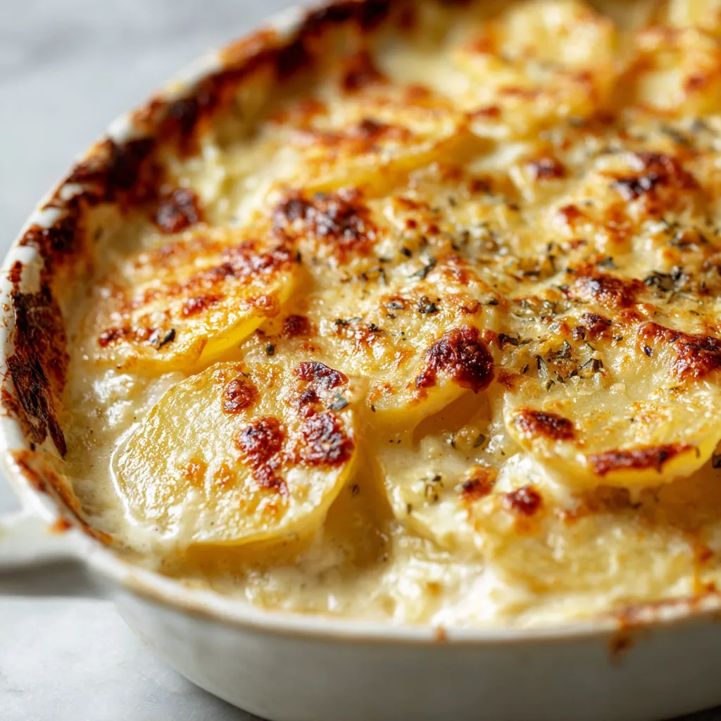 A white bowl with a casserole in it.