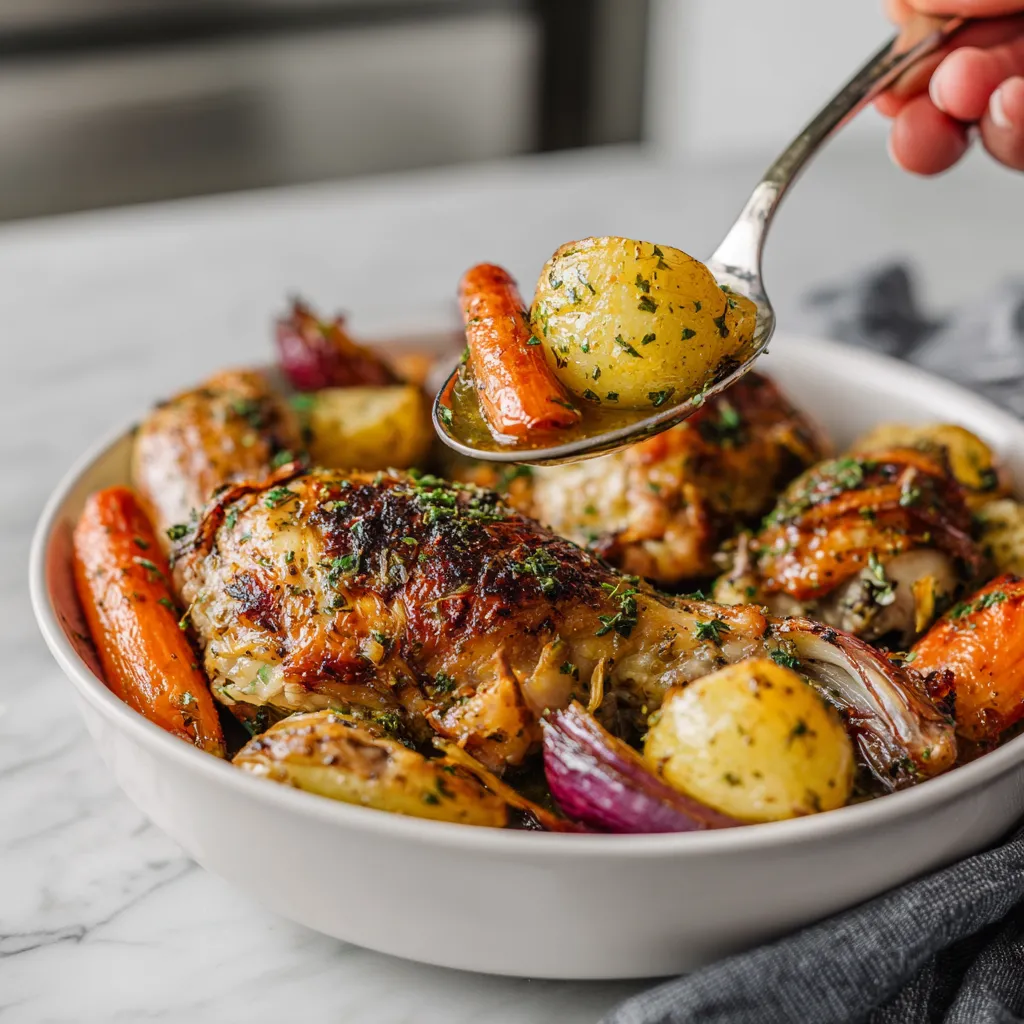 A person is serving a dish of chicken with potatoes and carrots.