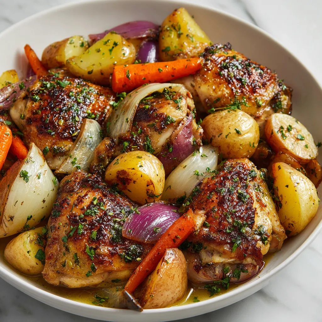 A bowl of chicken and vegetables.