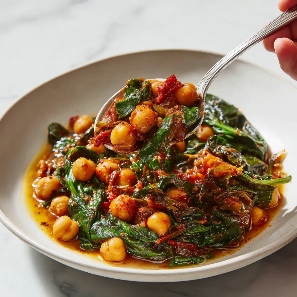 A bowl of soup with chickpeas and spinach.