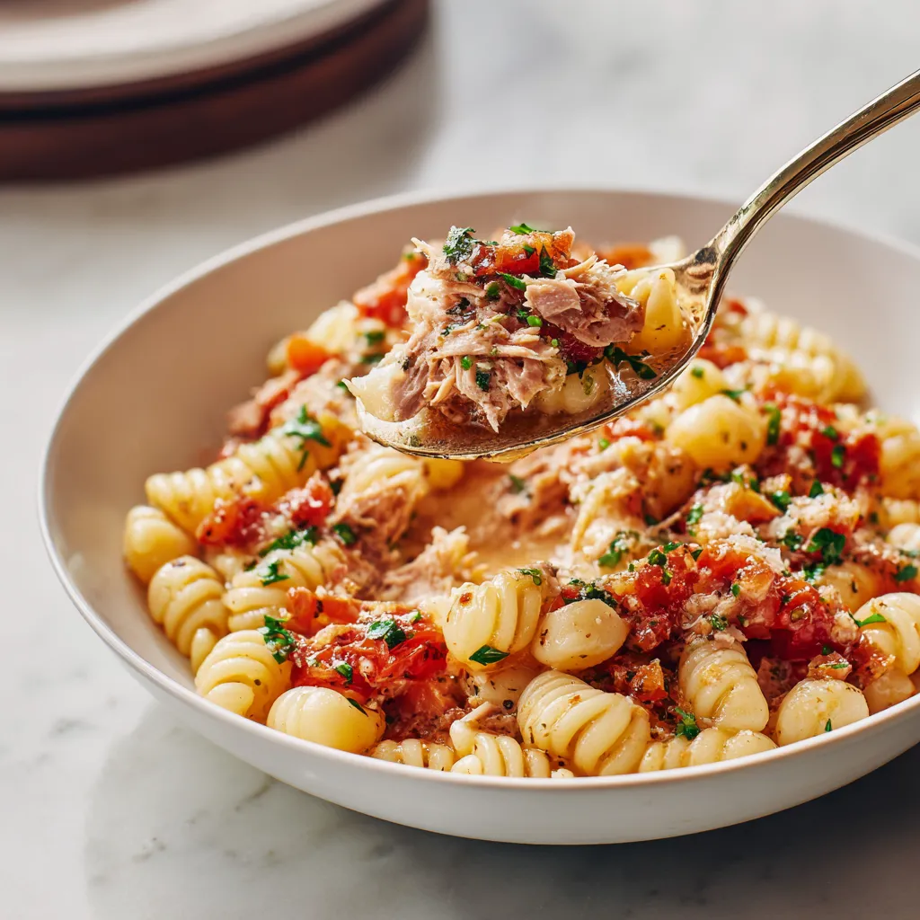 A bowl of pasta with meat and tomatoes.