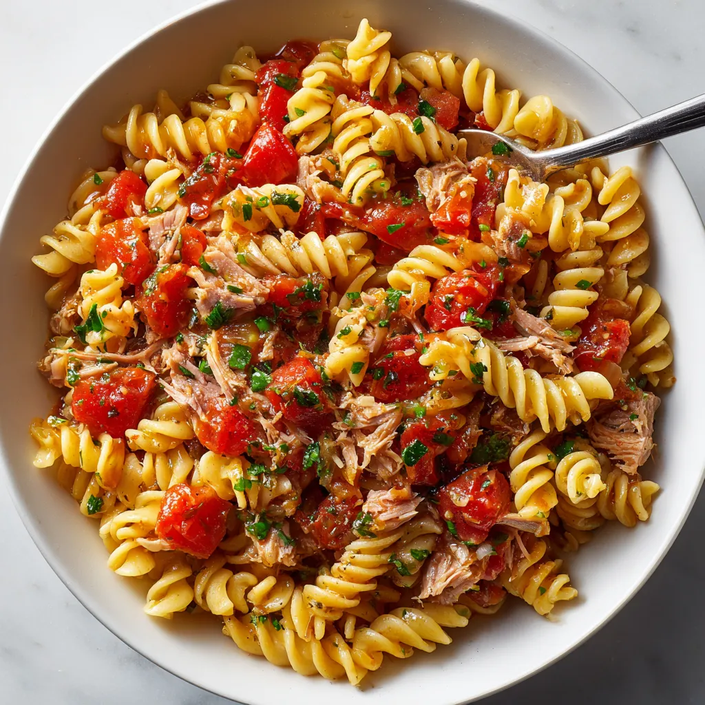 A bowl of pasta with meat and tomatoes.