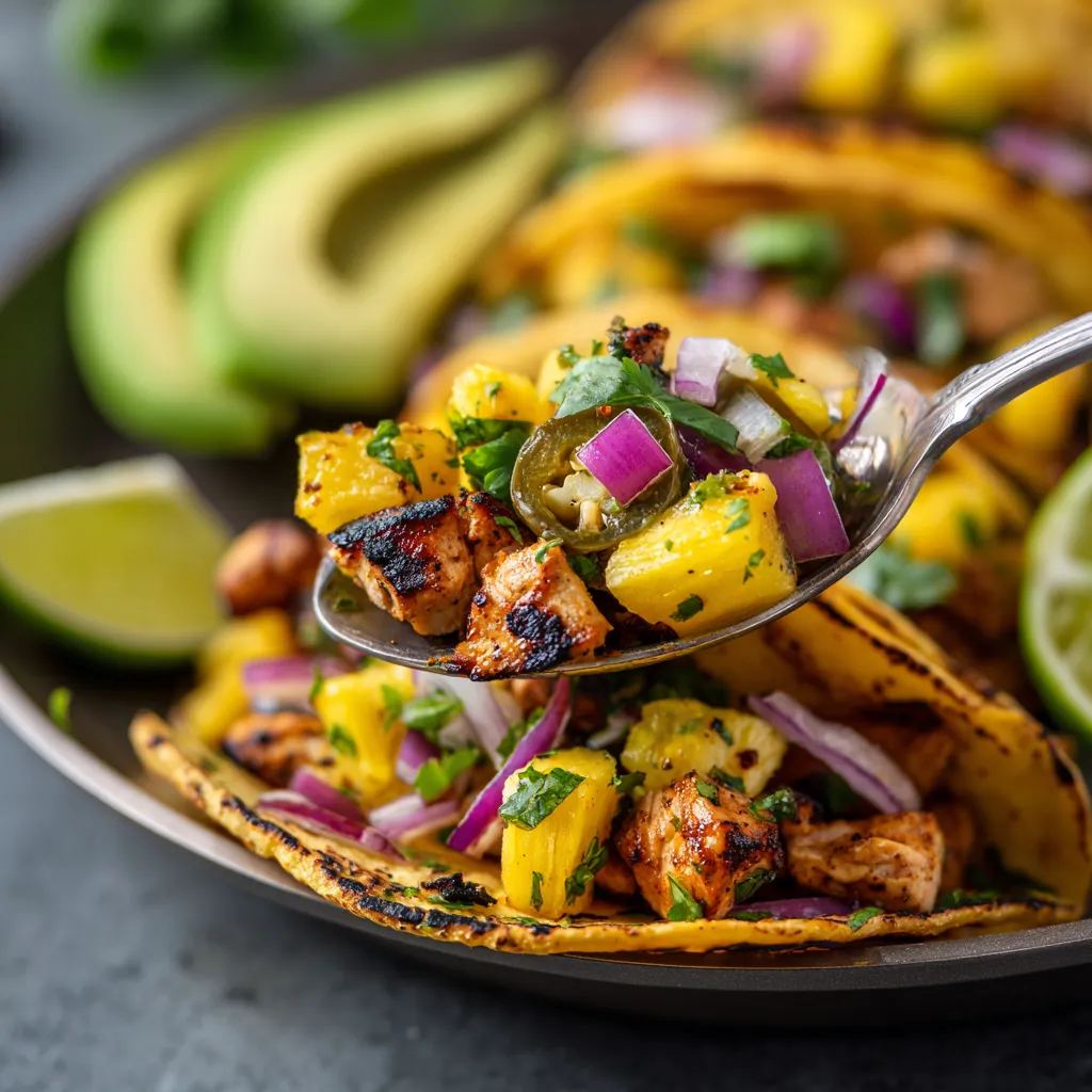 A plate of pineapple chicken tacos.