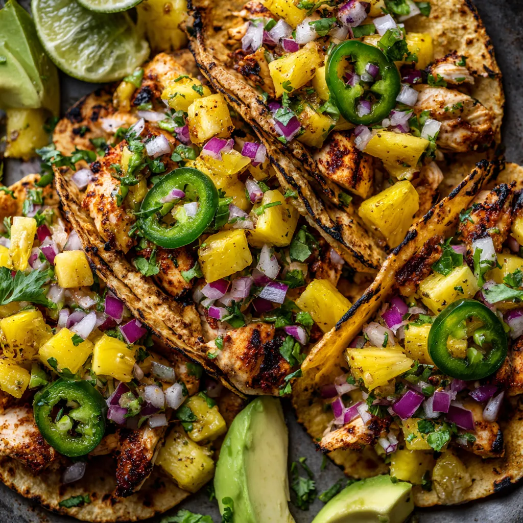 A plate of food with chicken, pineapple, and avocado.