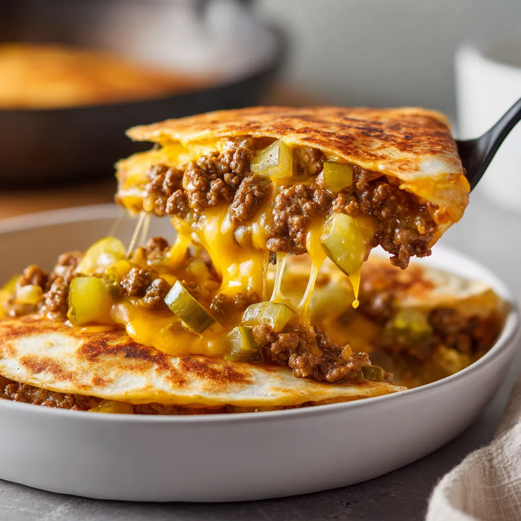 A quesadilla with cheese and meat is being cut into.