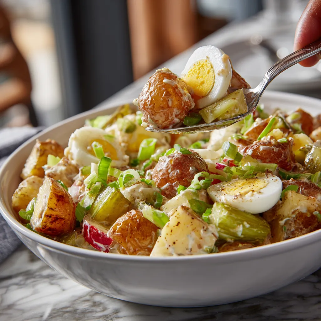 A person is eating a salad with eggs and potatoes.
