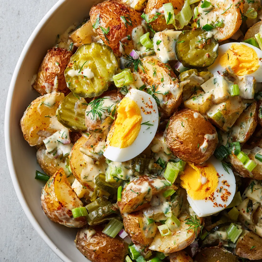 A bowl of food with eggs, potatoes, and pickles.