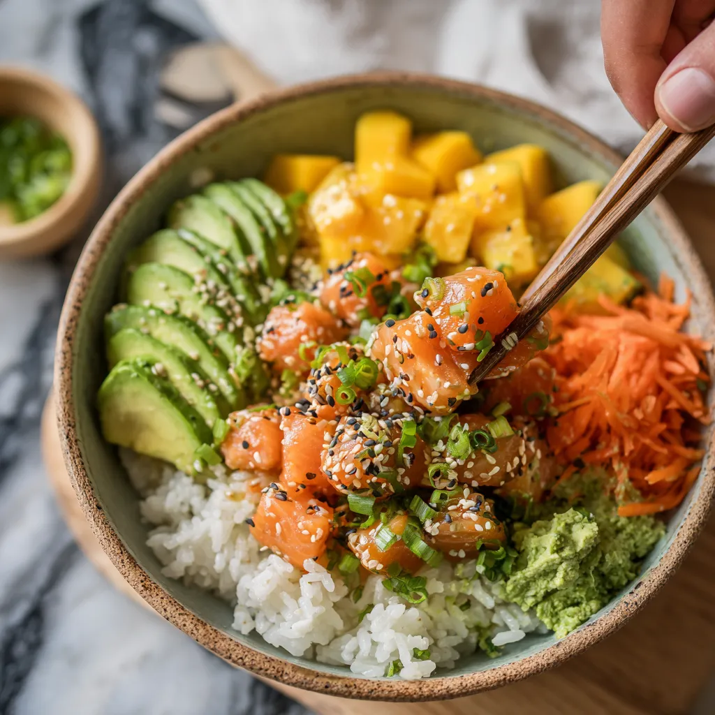 A person is holding a spoon in a bowl of food.