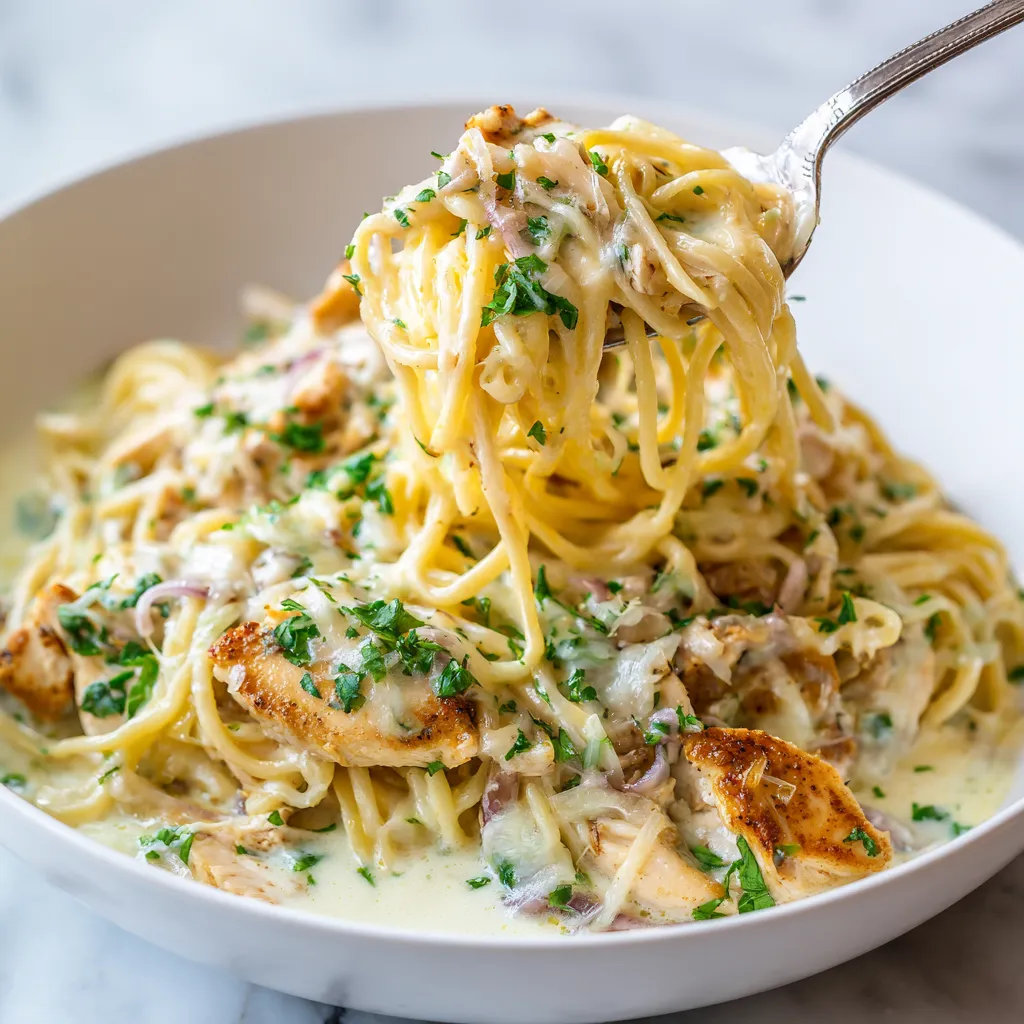 A bowl of spaghetti with chicken and cheese.