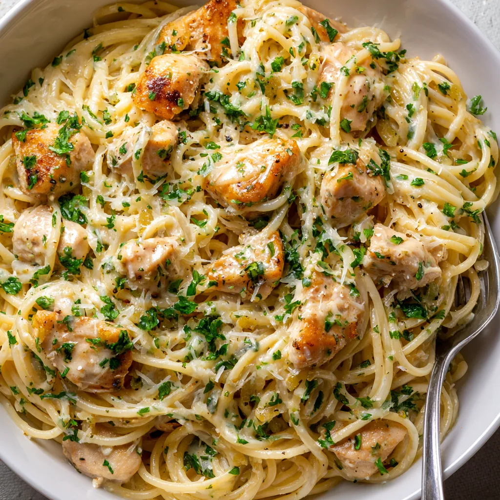 A bowl of pasta with chicken and herbs.