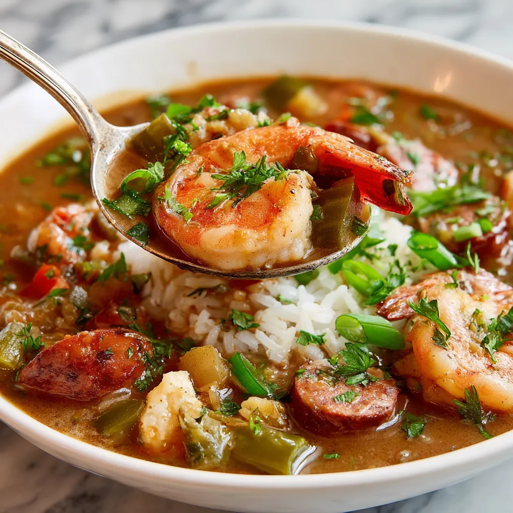A bowl of Louisiana seafood gumbo with a spoon in it.